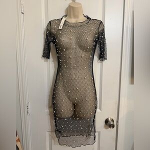 Elegant Black Mesh Dress with Pearl Accents